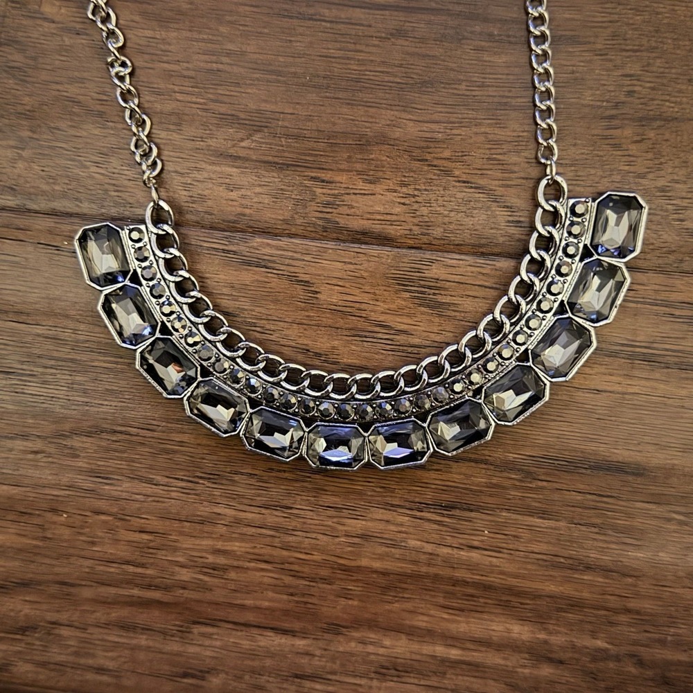Silver Tone Chunky Chain Statement Necklace w/ Faceted Gray Crystals | Edgy Glam